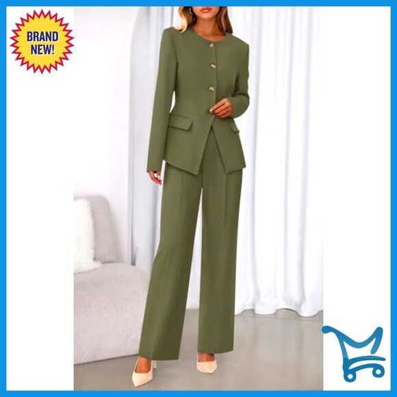 Long Sleeve Blazer Wide Leg Pant Suit Set Business Casual Office Wear - Picture 3 of 7